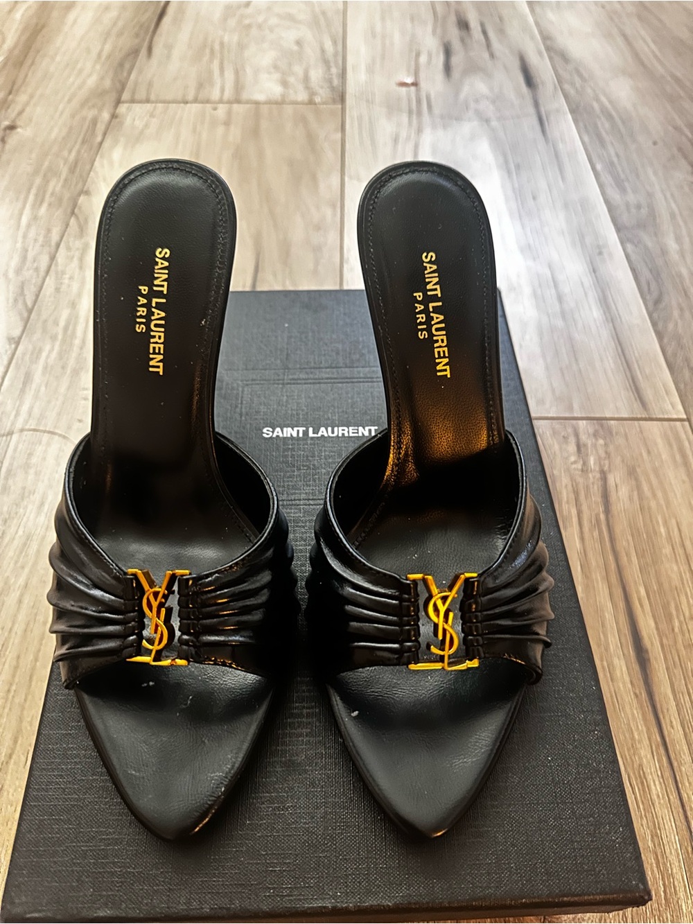 Saint Laurent Black Leather Mule Heels with Gold YSL Accent